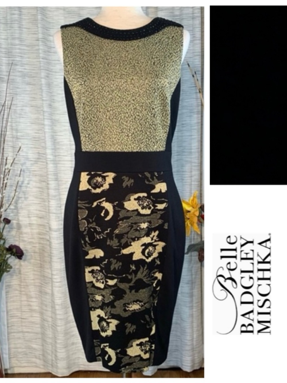 Belle Badgley Mischka black and old gold floral sleeveless sheath dress.